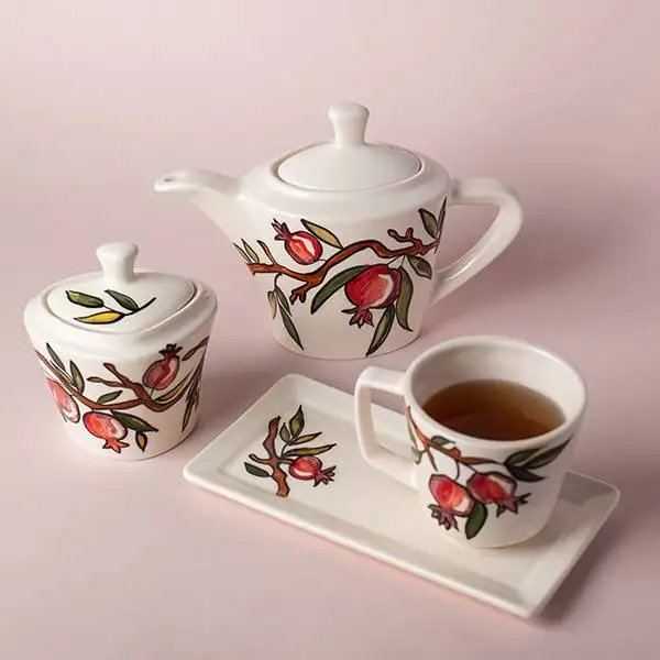 tea set pomegranate, armenian pottery with pomegranate, կերամիկական թեյնիկ, շաքարաման, բաժակ