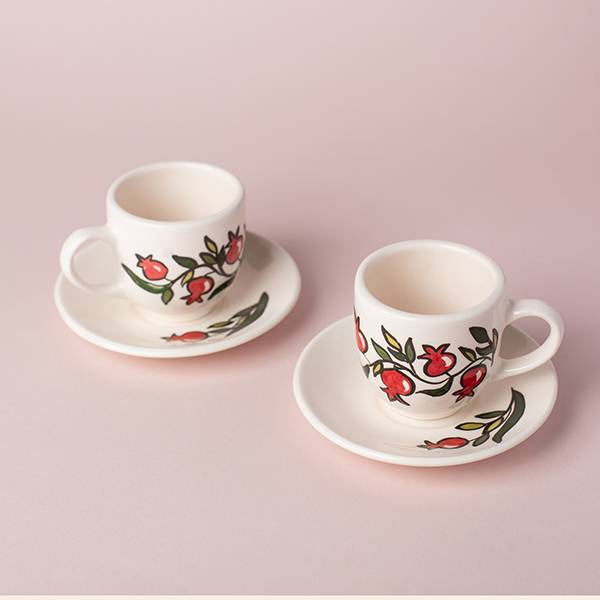 սուրճի բաժակ ափսեով, coffee cup & saucer, armenian pottery with pomegranate